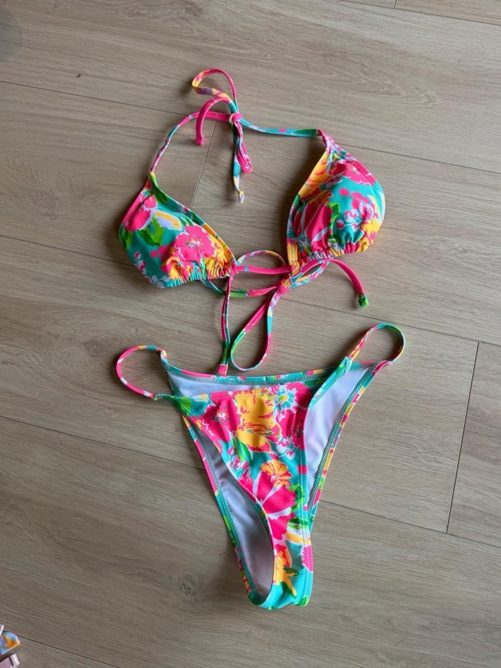 SHEIN Pink Teal Yellow Floral Tie-String Bikini